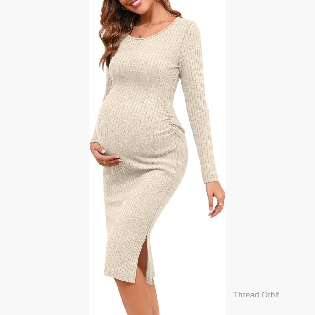Maternity Bodycon Dress Long Sleeve Ribbed Knit Stretchy Pregnancy Clothes